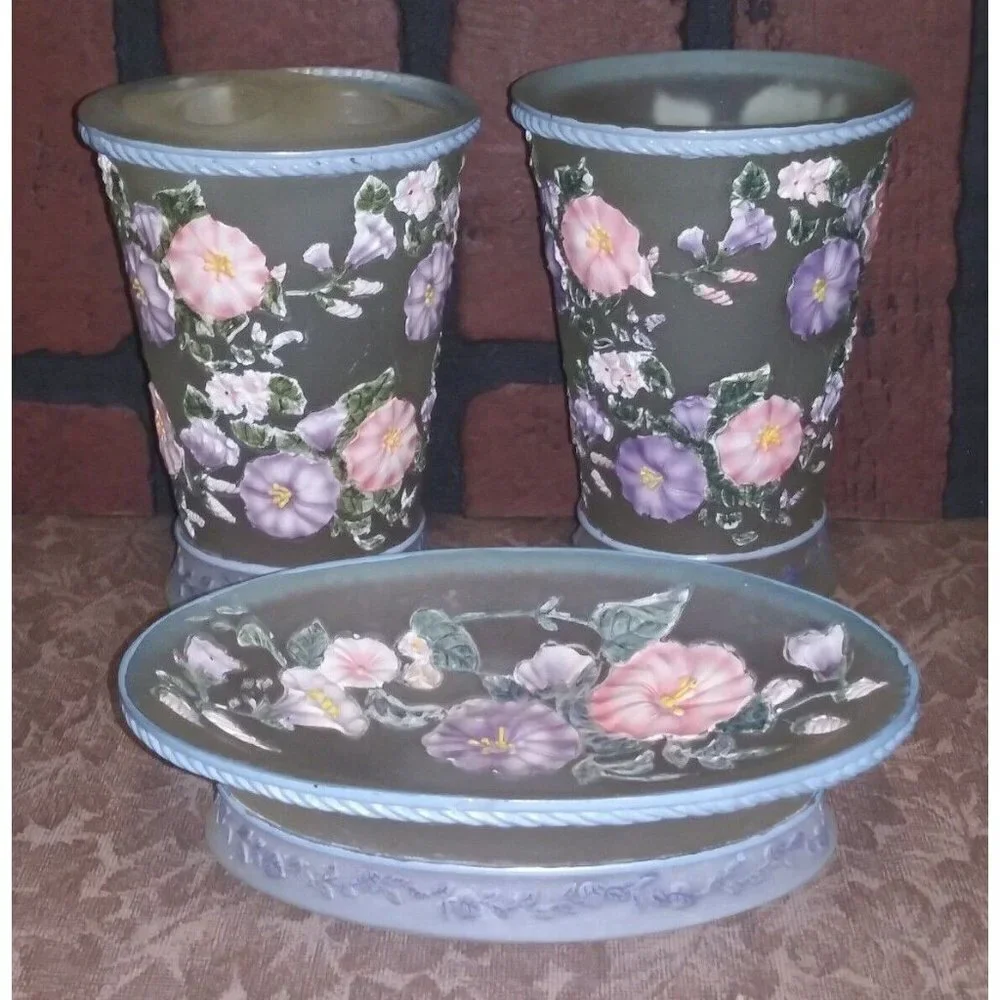3-Pc Bathroom Set Morning Glory Resin Retd. Tumbler Toothbrush Holder Soap Dish